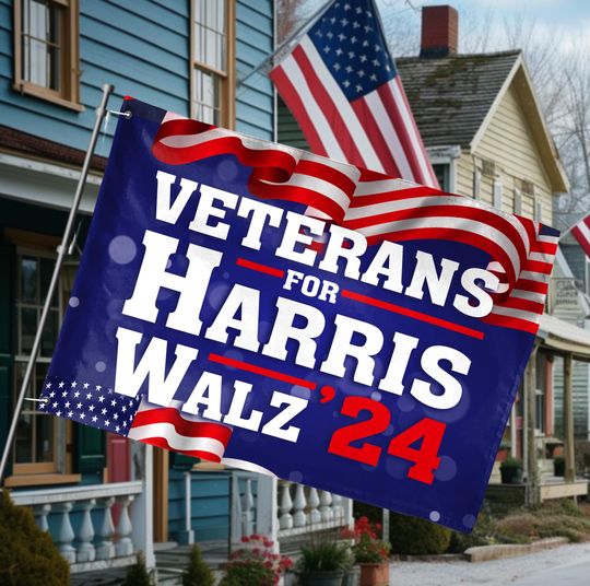 Discover Veterans for Harris Walz 2024, Democratic Party Flag w Metal H Stake, Kamala Flag