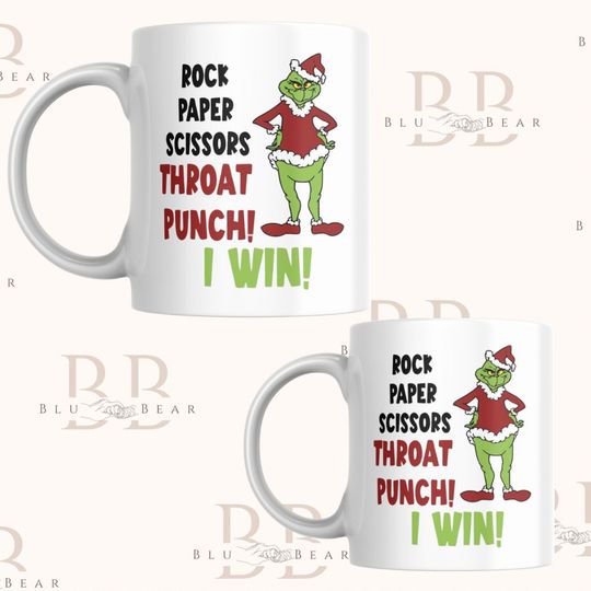 Discover funny character mug rock paper scissors throat punch I win mug Christmas