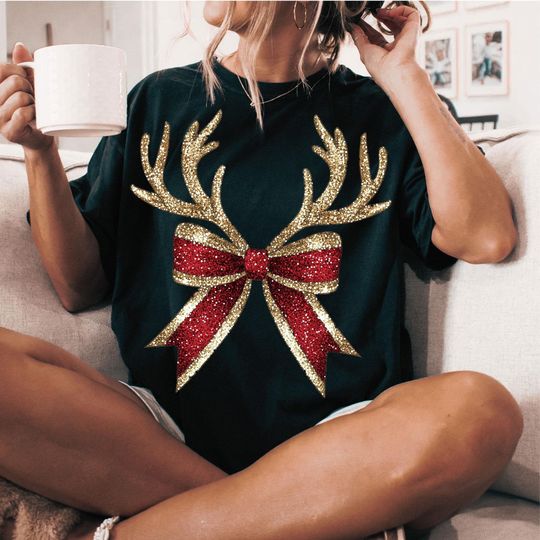 Discover Christmas Coquette Bow Glitter Shirt, Coquette Christmas Glitter Shirt