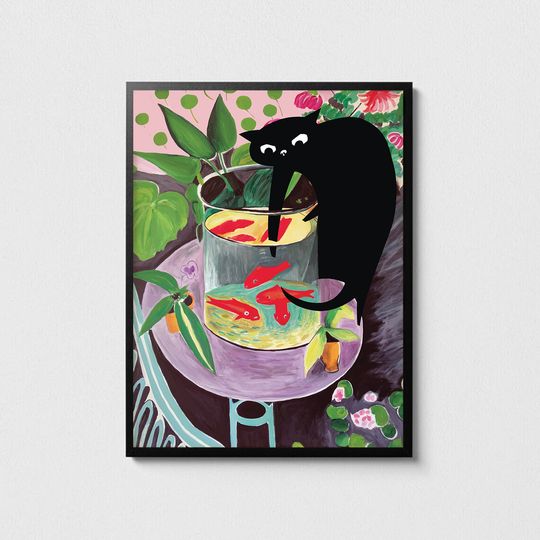 Discover Poster of Matisse Goldfish With Cat, Funny Cat Print, Black Cat Poster