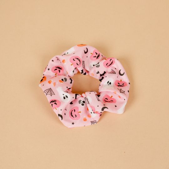 Discover Halloween Spirit Trick or Treat Ghost and Pumpkins Patterned Hair Tie Scrunchie for Women