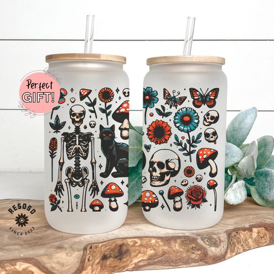 Discover Skeleton Cat Flower Mushroom Iced Coffee Cup, Halloween Glass Can Tumbler, Skull Spooky Vibes Mug Vintage Illustration Halloween Decor Glass