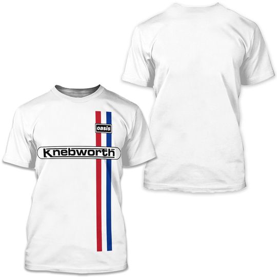 Discover Oasis T Shirt  Knebworth  Vertical Stripe  White  Reunion
