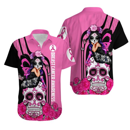 Discover Sugar Skull Fairy Breast Cancer Awareness Tropical Pink Hawaiian Shirt