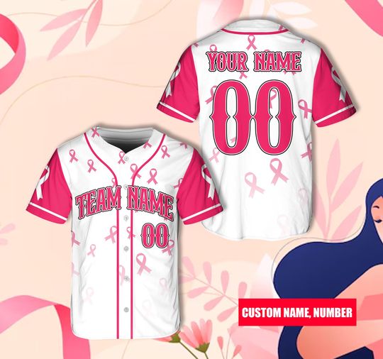 Discover Personalized Breast Cancer Month Baseball Jersey, Custom Name Breast Cancer Warrior Jersey