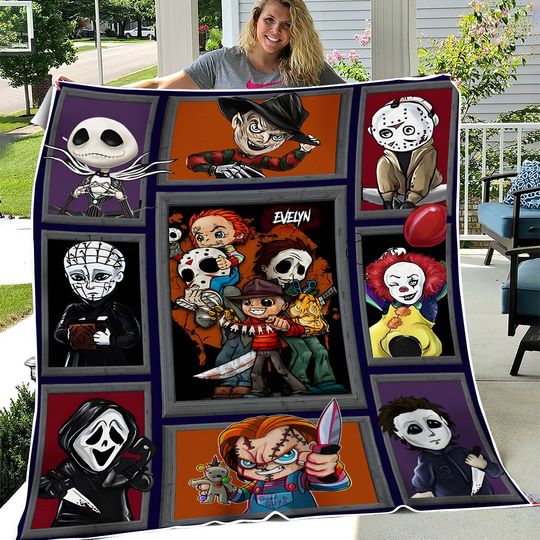 Discover Chibi Horror Movies Fleece Blanket, Personalized Name Blanket, Halloween Blanket