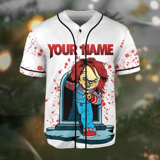 Discover Personalize Chucky Blood Jersey, Halloween Good Guys Chucky Baseball Jersey, Horror Character Button Shirt, Custom Scary Killers Shirt