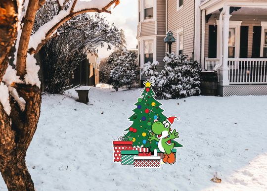 Discover Mario Brothers Yoshi with Christmas tree and presents Yard Sign