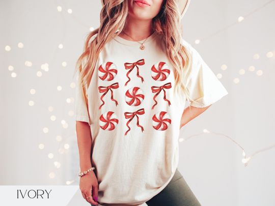 Discover Coquette Christmas Red Bow Shirt, Cute Girly Winter Outfit, Peppermint Candy Tee