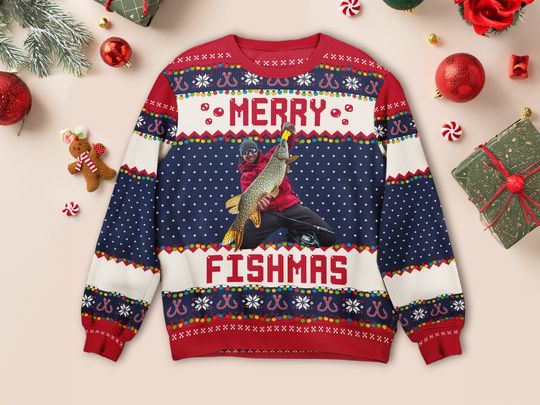 Discover Personalized Fishing Christmas Ugly Sweater, Merry Fishmas Photo Ugly Sweater