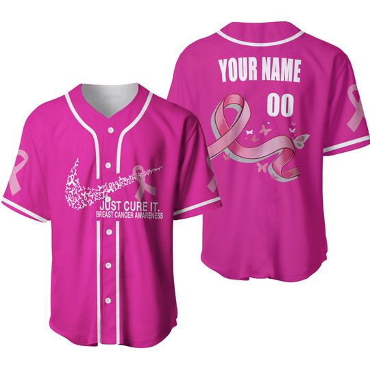 Discover Personalized Pink Ribbon Breast Cancer Awareness Baseball Jersey, Custom Number Breast Cancer Warrior Jersey