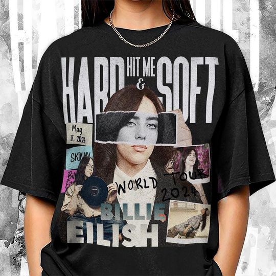 Discover Billie Eilish Vintage 90S Shirt, Bootleg Music Art Hit Me Hard And Soft