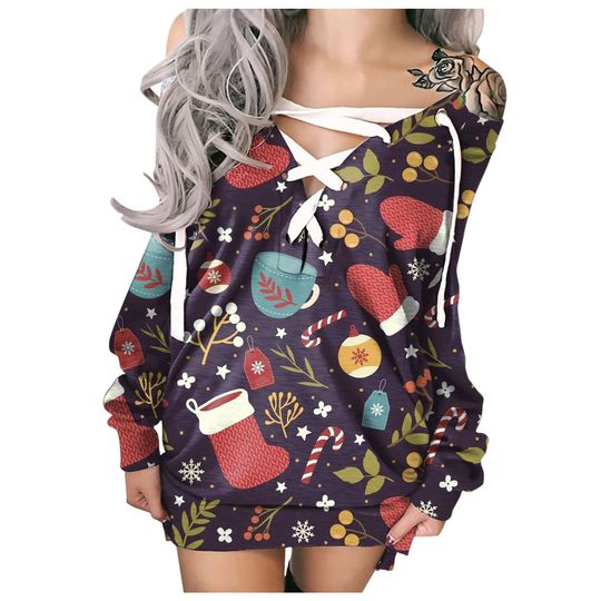 Discover Ladies Christmas Casual Off-Shoulder Strappy Print Long Sleeves Sweater Dress