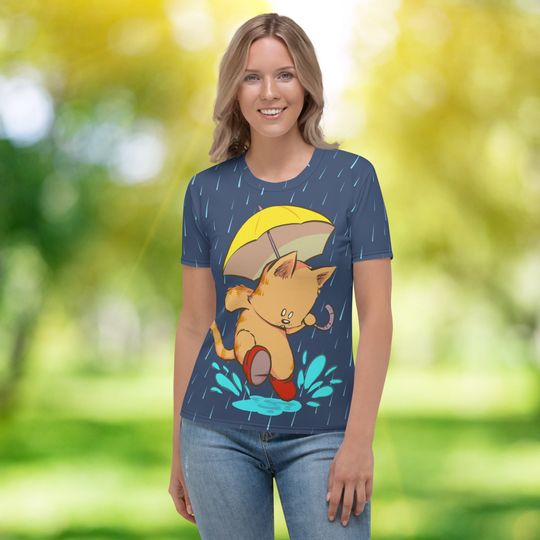 Discover Puddle Pals: Cat & Pitbull Umbrella Adventure Women's T-shirt
