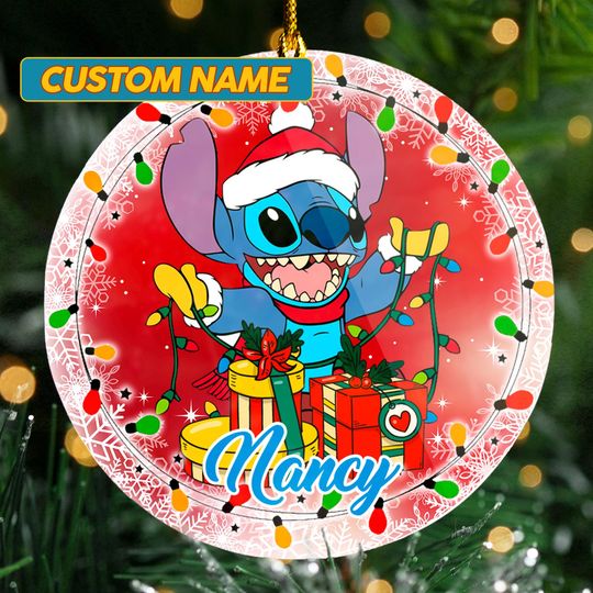 Discover Personalized Stitchmas Ceramic Christmas Ornament, Blue Monster Customized 2024 Christmas Tree Decor, Alien Dog Santa Xmas Gift For Kid