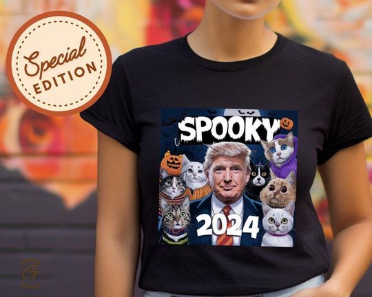 Discover Trump Spooky 2024 Halloween Cats Shirt, Funny Political Halloween Tee, Trump Cat Lover Shirt