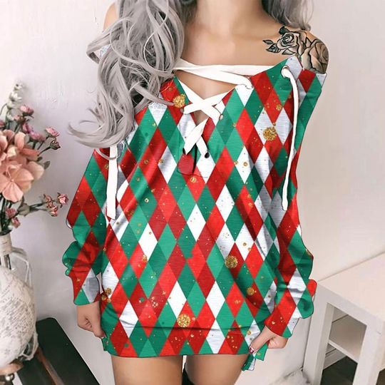 Discover Ladies Christmas Casual Off-Shoulder Strappy Print Long Sleeves Sweater Dress - STE2912