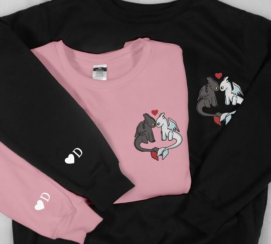 Discover Personalized Couple Sweatshirts Embroidered Dragon Custom Name Sweatshirt Toothless Cartoon Sweatshirt