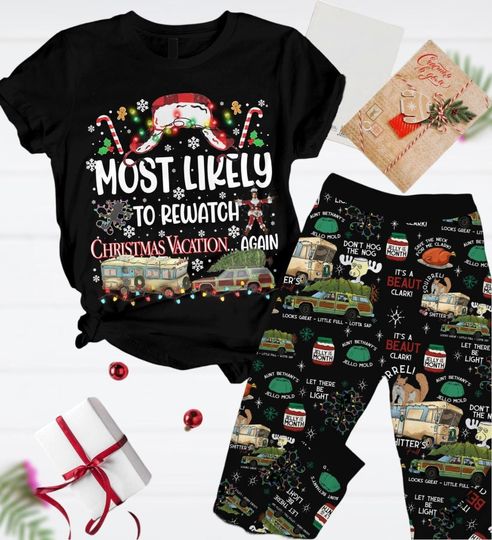 Discover Christmas Griswold Pajamas Set, Tree Farm Shirt, National Lampoon's Pajamas,Most Likely To Rewatch Christmas Vacation T-Shirt And Pants
