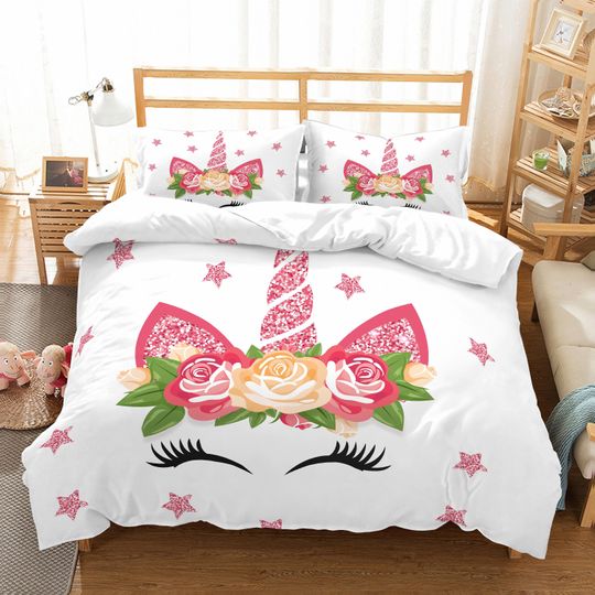 Discover 3D Unicorn Duvet Covers Set, Cartoon Quilt Cover, Rose Bedding Set, Floral Doona Cover