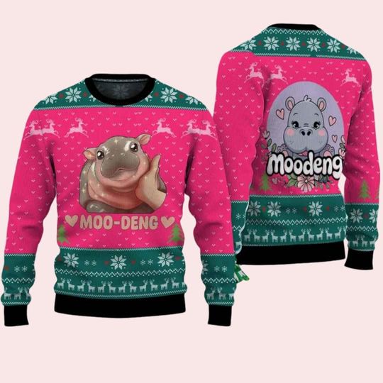 Discover Moo Deng Christmas Sweater, Cute Baby Hippo Moo Deng Bouncy Pig Shirt