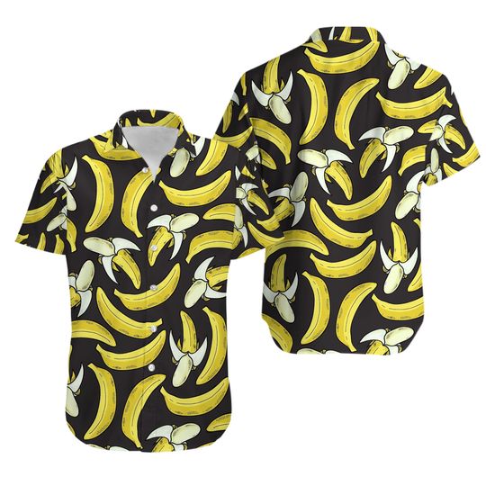 Discover Black Button Down Hawaiian Shirt with Yellow Banana Print