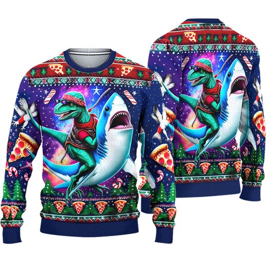 Discover Dinosaur Riding Shark Christmas Ugly Sweater, Dinosaur Sweater