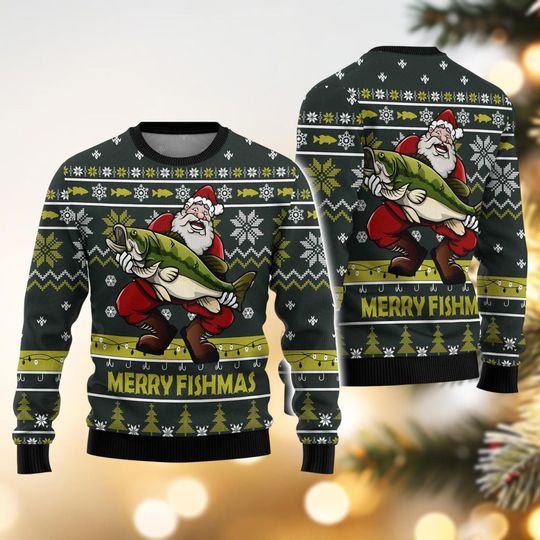 Discover Merry Fishmas Ugly Sweater, Santa And Fish Ugly Christmas Sweater, Fishing Xmas Sweater, Women Sweater, Sweater Men, Holiday Sweater