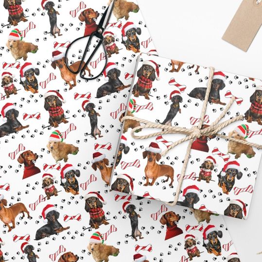 Discover Dachshund Christmas Wrapping Paper- Santa Dachschunds in Christmas attire surrounded by Candy Cane Bones and Paw