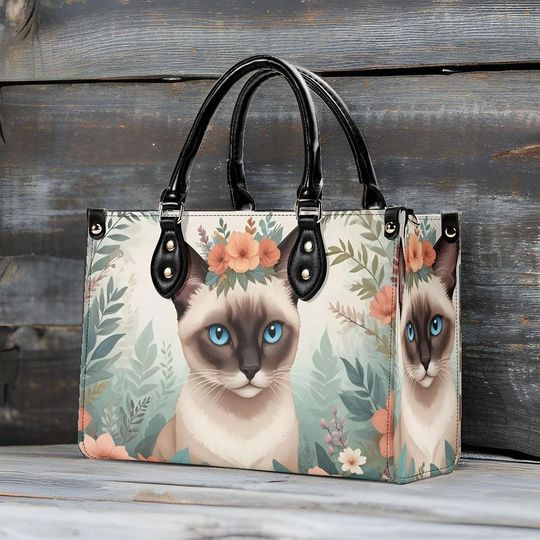 Discover Floral Siamese Cat Leather Bag, Unique Gift for Her