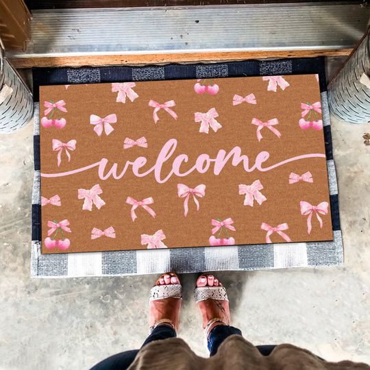 Discover Welcome Pink Bow Doormat, Watercolor Pinky Bow Welcome Doormat