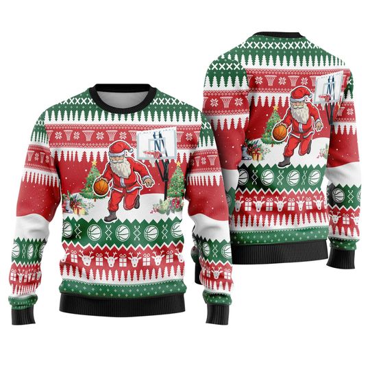 Discover Santa Dribble Basketball Ugly Christmas Sweater | Santa Claus Basketball Christmas Sweater