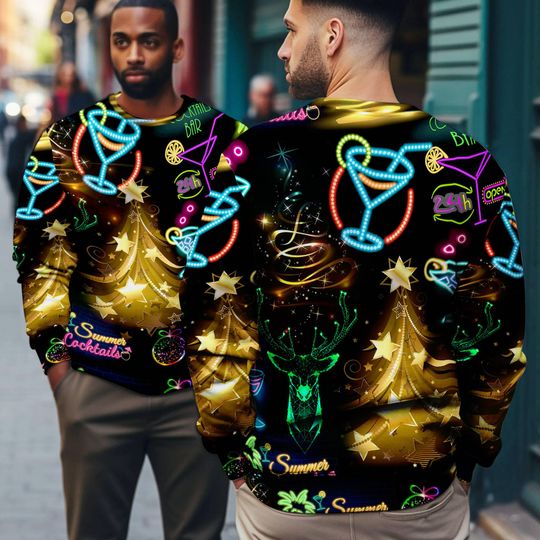 Discover Christmas Bright Neon Lighting Ugly Christmas Sweatshirt | Reindeer Santa Claus Sweater