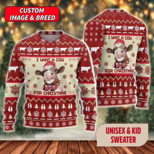Discover I Want A Cow For Christmas Ugly Christmas Sweater, Cow Santa Hat Xmas Sweatshirt