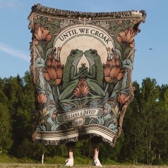 Discover Frog Couple Tapestry | Personalized Anniversary Gift Custom Name Tapestry Woodland Blanket Woven | Cottagecore Wedding Gift For Couple Gift