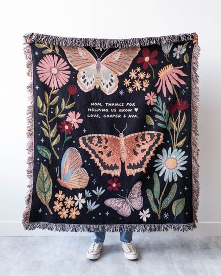 Discover Personalized Gift Blanket: Butterfly Woven Throw, Grandparent or Mother's Day Present, Baby Name Shower, Maximalist Decor, Dark Boho Nursery