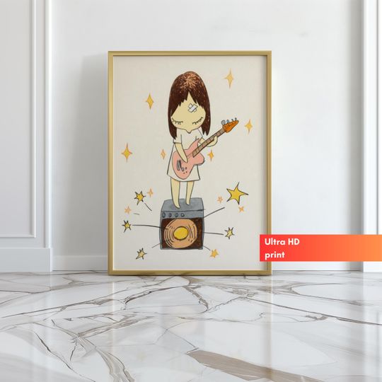 Discover 8K UHD Yoshitomo Nara Print Guitar Girl Nara Eyes Closed Yayoi Kusama Print