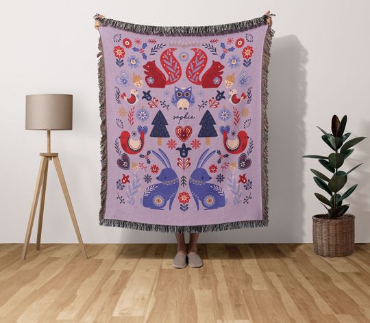 Discover Personalized Christmas Folk Pattern Woven Tapestry, Scandinavian Art Blanket, Norwegian Swedish Sofa Throw, Woodland Animals, Christmas Gift