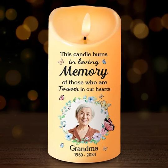 Discover Custom Photo This Candle Burns In Loving Memory - Memorial Personalized Custom LED Candle - Christmas Gift