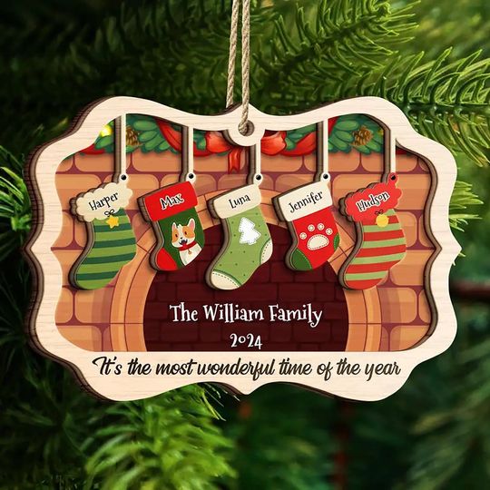 Discover Personalised Family Wooden Stockings Hanging Ornament, Custom Name