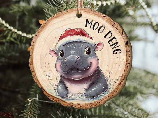Discover Funny Moo Deng Hippo Christmas Ornament, Cute Wooden Baby Hippo With Santa Hat
