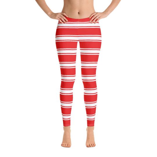 Discover Red Striped Christmas Leggings Women, Candy Cane Elf Xmas Stripe Holiday Printed Yoga Pants Cute Graphic