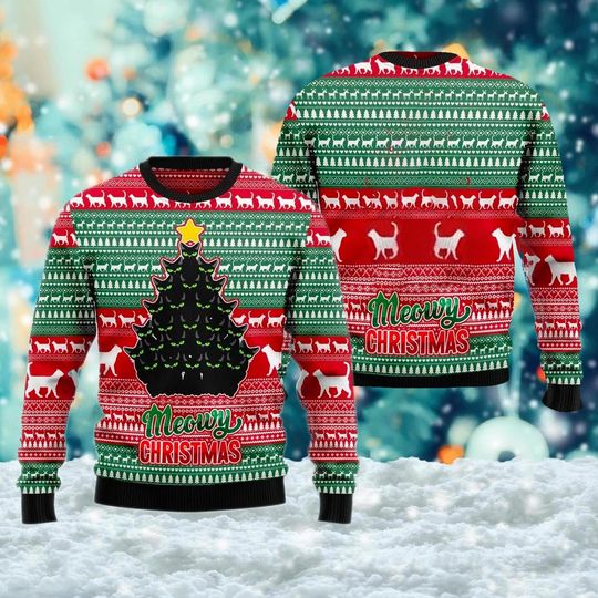 Discover Merry Catmas 3D Ugly Christmas Sweater, Funny Meowy Cat Xmas