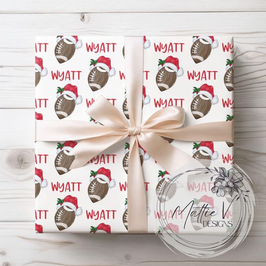 Discover Football Santa Wrapping Paper | Personalized Sports Wrapping Paper | Christmas Gift Wrap | Name Gift Wrap