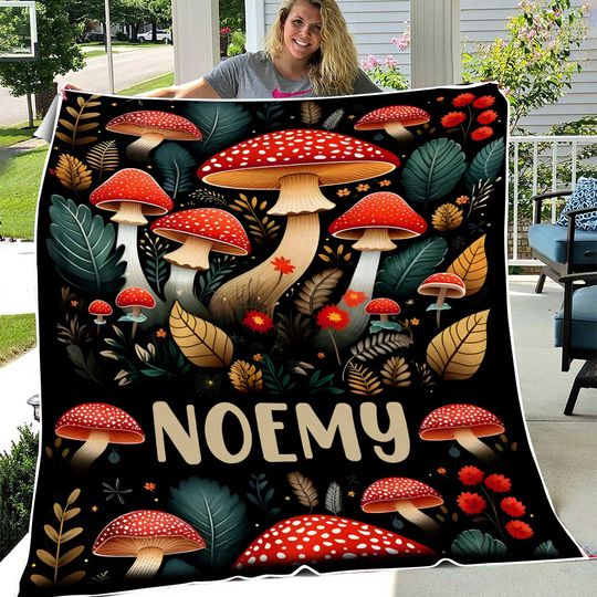 Discover Personalized Mushroom Blanket, Vintage Fungi Blanket, Custom Name Plush Fleece Blanket