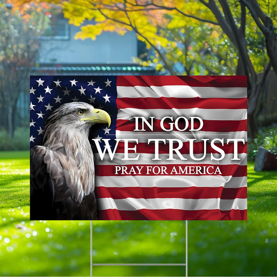 Discover US Flag with Eagle  In God We Trust  Yard Sign  Comes with H-Stake