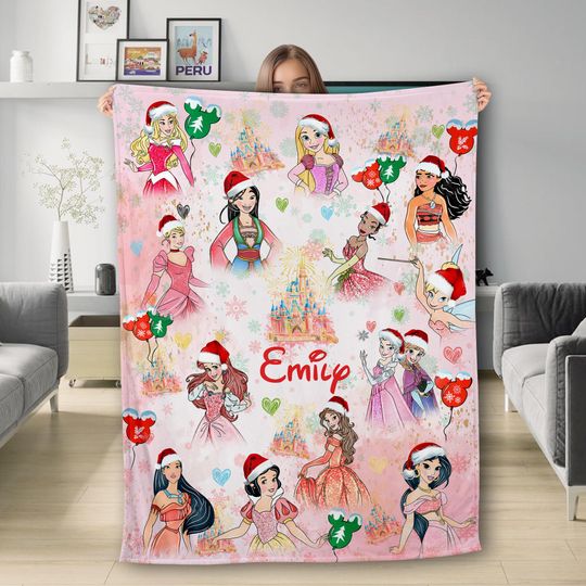 Discover Personalized Watercolor Princess Xmas Throw Blanket, Custom Name Baby Girl Blanket, Princess Birthday Girl Gift