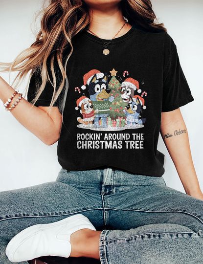 Discover Funny Christmas BlueyDad Family Shirt, Rockin' Around The Christmas Tree Blue