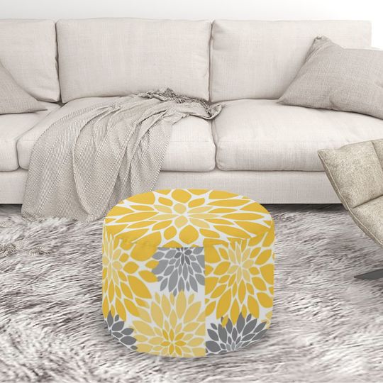 Discover Yellow and Gray Chrysanthemums Floral Pattern Pouf