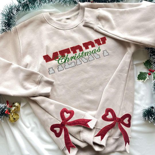 Discover Half Red and Half Silver Glittered Merry Christmas Side Bow Sweatshirt, Gift For Her